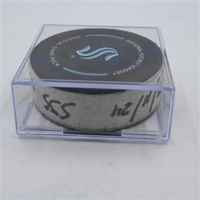 Luke Kunin - San Jose Sharks - Goal Puck - April 11, 2024 vs. Seattle Kraken (Kraken Logo)