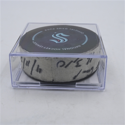 Luke Kunin - San Jose Sharks - Goal Puck - April 11, 2024 vs. Seattle Kraken (Kraken Logo)