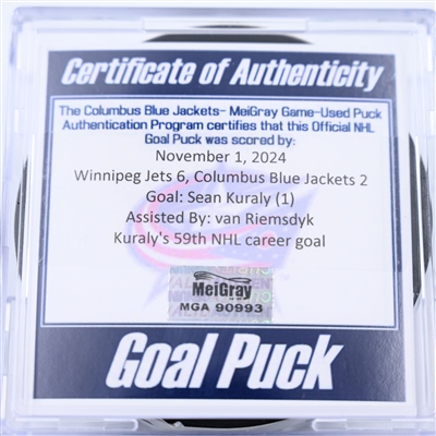 Sean Kuraly - Columbus Blue Jackets - Goal Puck - November  1, 2024 vs. Winnipeg Jets (Blue Jackets Logo)