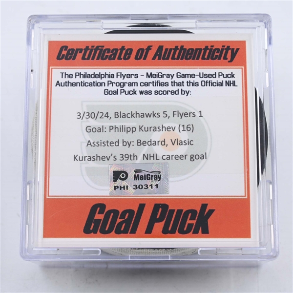 Philipp Kurashev - Chicago Blackhawks - Goal Puck - March 30, 2024 vs. Philadelphia Flyers (Flyers Logo)