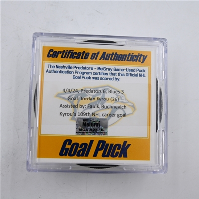 Jordan Kyrou - St. Louis Blues - Goal Puck - April 4, 2024 vs. Nashville Predators (Predators 25th Anniversary Logo)