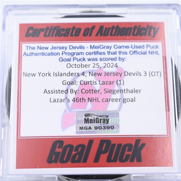 Curtis Lazar - New Jersey Devils - Goal Puck - October 25, 2024 vs. New York Islanders (Devils Logo)