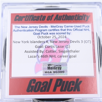 Curtis Lazar - New Jersey Devils - Goal Puck - October 25, 2024 vs. New York Islanders (Devils Logo)