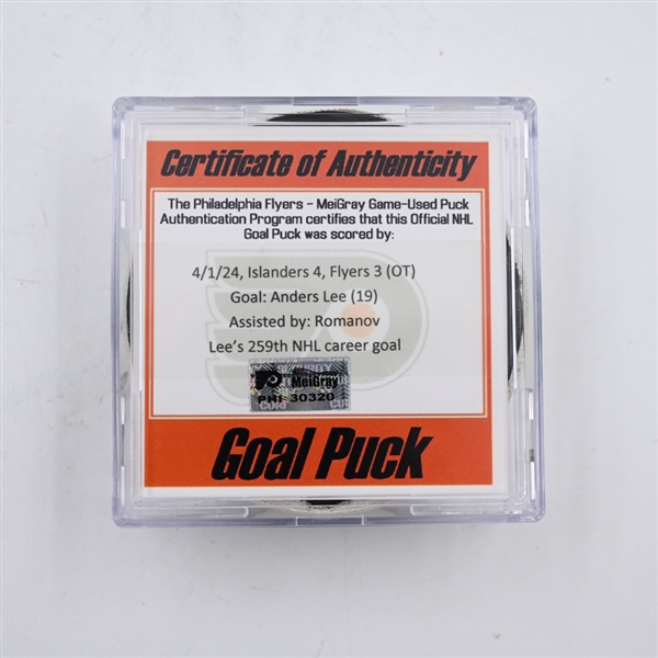 Anders Lee - New York Islanders - Goal Puck - April 1, 2024 vs. Philadelphia Flyers (Flyers Logo)