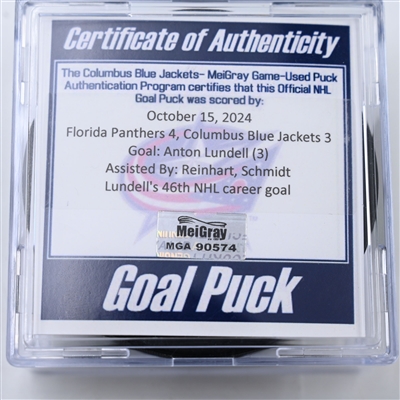 Anton Lundell - Florida Panthers - Goal Puck - October 15, 2024 vs. Columbus Blue Jackets (Blue Jackets Logo)