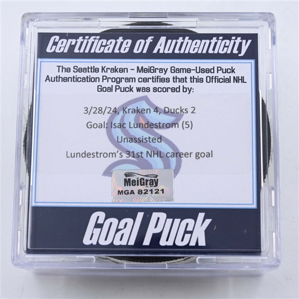 Isac Lundestrom - Anaheim Ducks - Goal Puck - March 28, 2024 vs. Seattle Kraken (Kraken Logo)