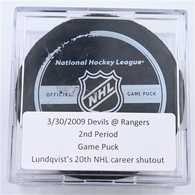 Henrik Lundqvist - 20th NHL Career Shutout - New York Rangers - Game Puck - March 30, 2009 vs. New Jersey Devils (Rangers Logo) 2nd Period