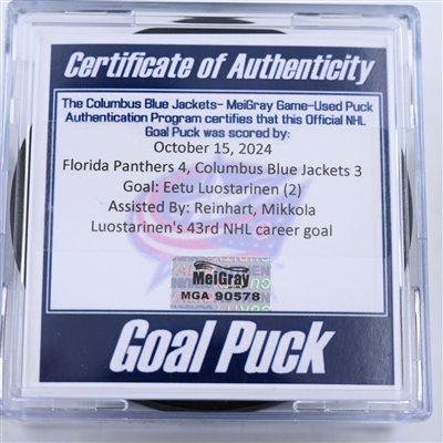 Eetu Luostarinen - Florida Panthers - Goal Puck - October 15, 2024 vs. Columbus Blue Jackets (Blue Jackets Logo)