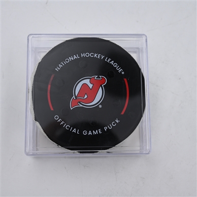 Kyle MacLean - New York Islanders - Goal Puck - April 15, 2024 vs. New Jersey Devils (Devils Logo)