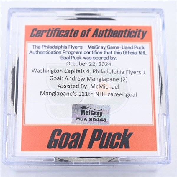 Andrew Mangiapane - Washington Capitals - Goal Puck - October 22, 2024 vs. Philadelphia Flyers (Flyers Logo)