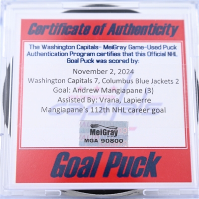 Andrew Mangiapane - Washington Capitals - Goal Puck - November 2, 2024 vs. Columbus Blue Jackets (Capitals 50th Anniversary Logo)