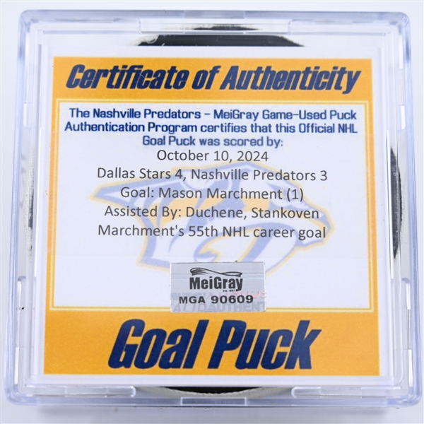 Mason Marchment - Dallas Stars - Goal Puck - October 10, 2024 vs. Nashville Predators (Predators Logo)