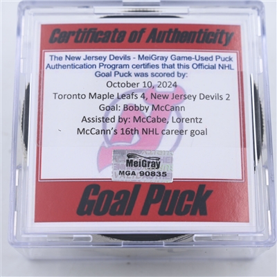 Bobby McCann - Toronto Maple Leafs - Goal Puck - October 10, 2024 vs. New Jersey Devils (Devils Logo)