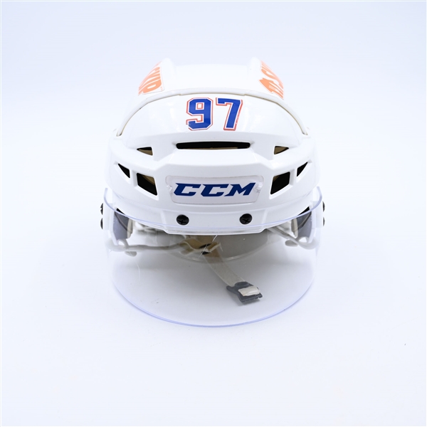 Connor McDavid - Edmonton Oilers - White, CCM Helmet w/ Oakley Shield - 2024 Stanley Cup Final - 3rd Player in NHL History to Record 40+ Points in Single Stanley Cup Playoffs - Photo-Matched to 5...