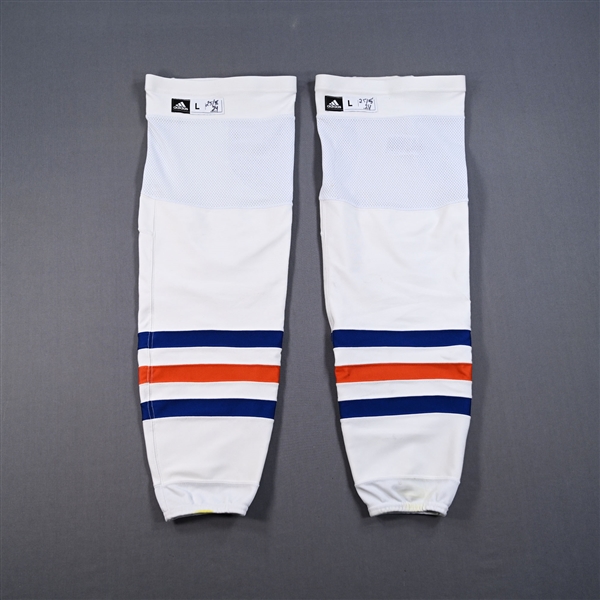 Connor McDavid - Edmonton Oilers - White - adidas Socks - May 25, 2024 vs. Dallas Stars (Round 3 - Game 2) - PHOTO-MATCHED