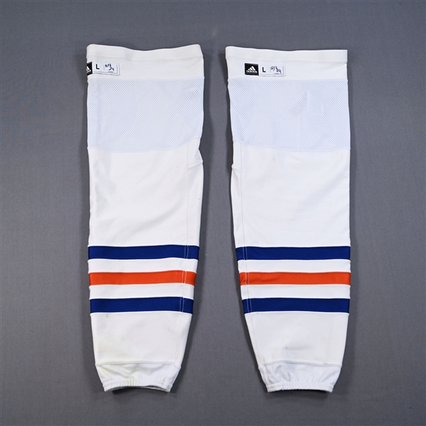 Connor McDavid - Edmonton Oilers - White - adidas Socks - June 8, 2024 vs. Florida Panthers (2024 Stanley Cup Final - Game 1) - PHOTO-MATCHED