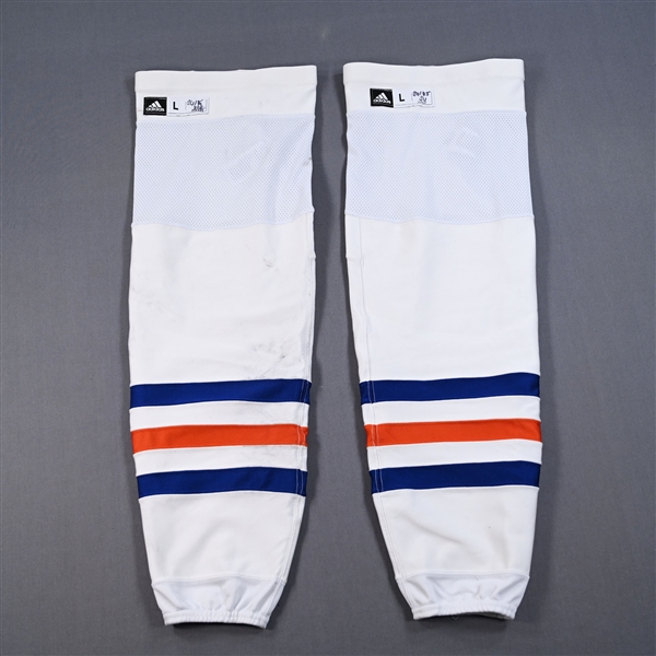 Connor McDavid - Edmonton Oilers - White - adidas Socks - June 24, 2024 vs. Florida Panthers (2024 Stanley Cup Final - Game 7) - PHOTO-MATCHED