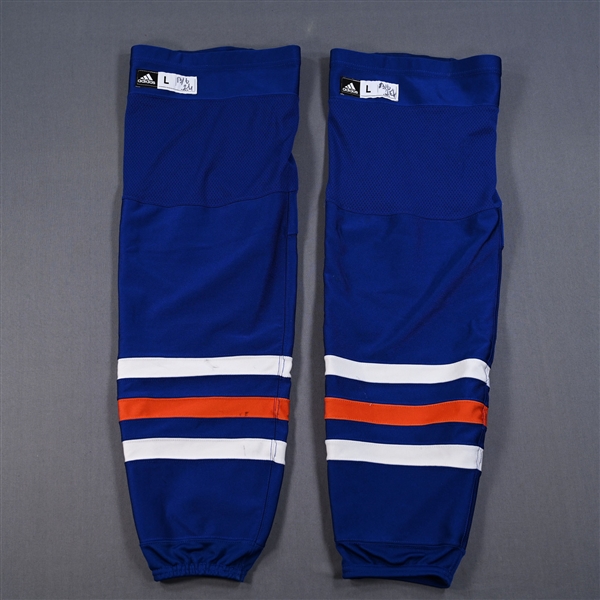 Connor McDavid - Edmonton Oilers - Blue - adidas Socks - June 13, 2024 vs. Florida Panthers (2024 Stanley Cup Final - Game 3) - PHOTO-MATCHED