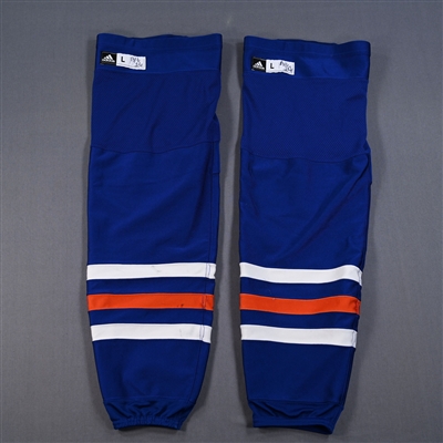 Connor McDavid - Edmonton Oilers - Blue - adidas Socks - June 13, 2024 vs. Florida Panthers (2024 Stanley Cup Final - Game 3) - PHOTO-MATCHED