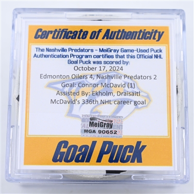 Connor McDavid - Edmonton Oilers - Goal Puck - October 17, 2024 vs. Nashville Predators (Predators Logo)