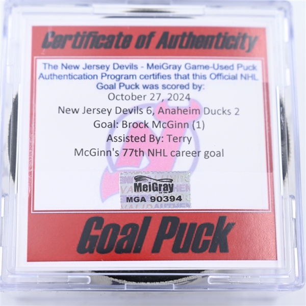 Brock McGinn - Anaheim Ducks - Goal Puck - October 27, 2024 vs. New Jersey Devils (Devils Logo)