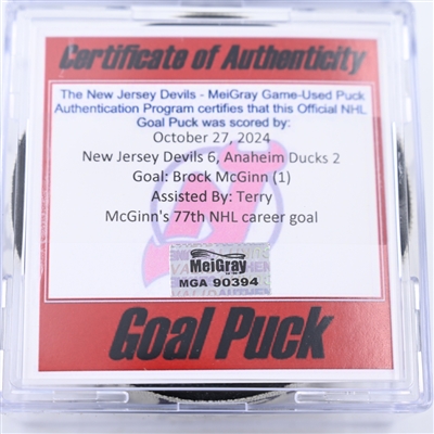 Brock McGinn - Anaheim Ducks - Goal Puck - October 27, 2024 vs. New Jersey Devils (Devils Logo)