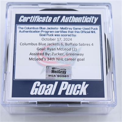 Ryan McLeod - Buffalo Sabres - Goal Puck - October 17, 2024 vs. Columbus Blue Jackets (Blue Jackets Logo)