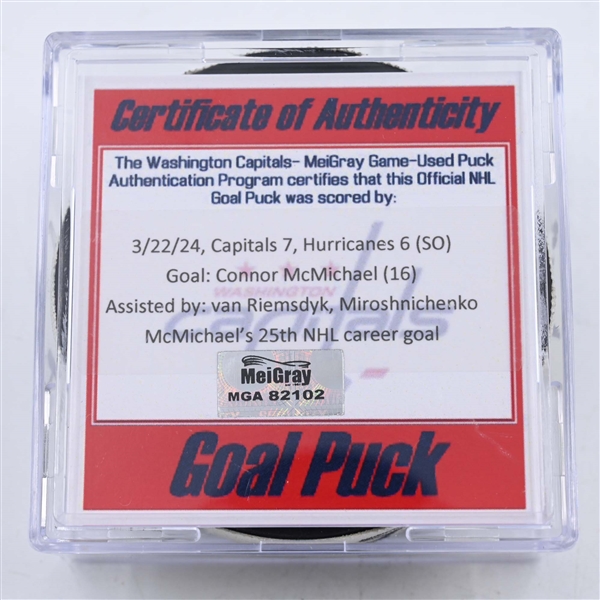 Connor McMichael - Washington Capitals - Goal Puck - March 22, 2024 vs. Carolina Hurricanes (Capitals Logo)