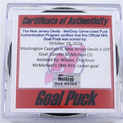 Connor McMichael - Washington Capitals - Goal Puck - October 19, 2024 vs. New Jersey Devils (Devils Logo)