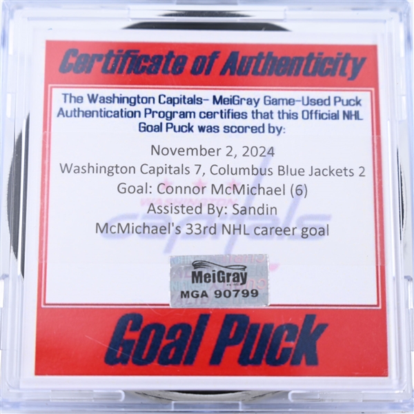 Connor McMichael - Washington Capitals - Goal Puck - November 2, 2024 vs. Columbus Blue Jackets (Capitals 50th Anniversary Logo)