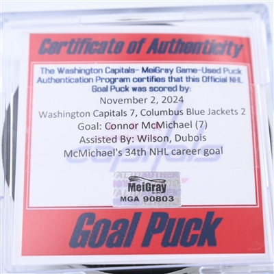 Connor McMichael - Washington Capitals - Goal Puck - November 2, 2024 vs. Columbus Blue Jackets (Capitals 50th Anniversary Logo)