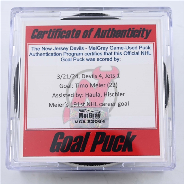 Timo Meier - New Jersey Devils - Goal Puck - March 21, 2024 vs. Winnipeg Jets (Devils Logo)