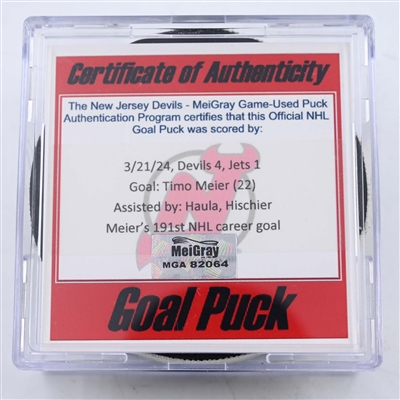 Timo Meier - New Jersey Devils - Goal Puck - March 21, 2024 vs. Winnipeg Jets (Devils Logo)