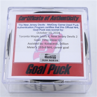 Timo Meier - New Jersey Devils - Goal Puck - October 10, 2024 vs. Toronto Maple Leafs (Devils Logo)