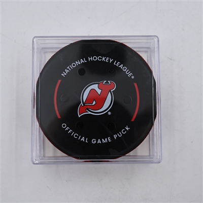 Dawson Mercer - New Jersey Devils - Goal Puck - April 9, 2024 vs. Toronto Maple Leafs (Devils Logo)