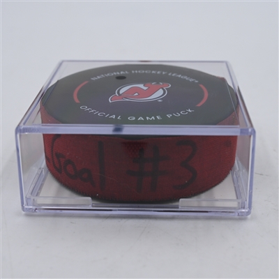 Dawson Mercer - New Jersey Devils - Goal Puck - April 9, 2024 vs. Toronto Maple Leafs (Devils Logo)