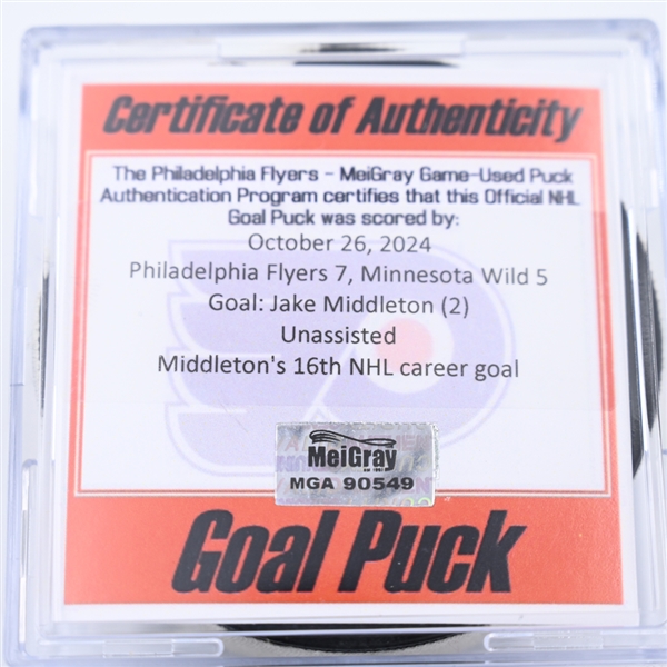 Jake Middleton - Minnesota Wild - Goal Puck - October 26, 2024 vs. Philadelphia Flyers (Flyers Logo)