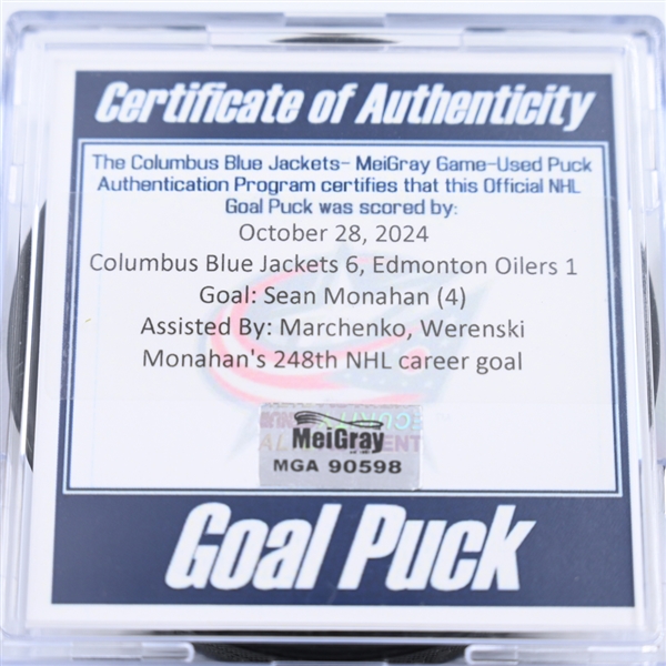 Sean Monahan - Columbus Blue Jackets - Goal Puck - October 28, 2024 vs. Edmonton Oilers (Blue Jackets Logo)