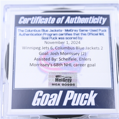 Josh Morrissey - Winnipeg Jets - Goal Puck - November  1, 2024 vs. Columbus Blue Jackets (Blue Jackets Logo)