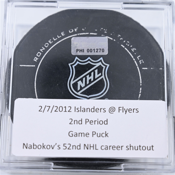 Evgeni Nabokov - 52nd NHL Career Shutout - Philadelphia Flyers - Game Puck - February 7, 2012 vs The New York Islanders 2nd Period