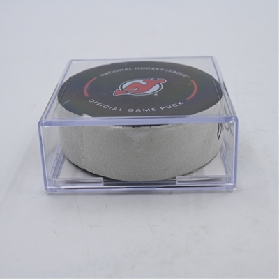 Brock Nelson - New York Islanders - Goal Puck - April 15, 2024 vs. New Jersey Devils (Devils Logo)