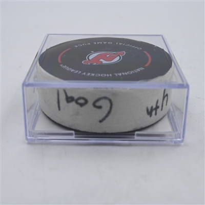 Brock Nelson - New York Islanders - Goal Puck - April 15, 2024 vs. New Jersey Devils (Devils Logo)