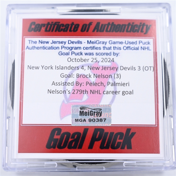 Brock Nelson - New York Islanders - Goal Puck - October 25, 2024 vs. New Jersey Devils (Devils Logo)