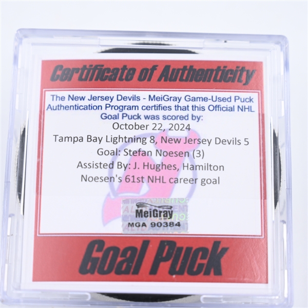 Stefan Noesen - New Jersey Devils - Goal Puck - October 22, 2024 vs. Tampa Bay Lightning (Devils Logo)