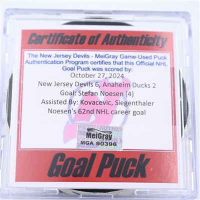 Stefan Noesen - New Jersey Devils - Goal Puck - October 27, 2024 vs. Anaheim Ducks (Devils Logo)