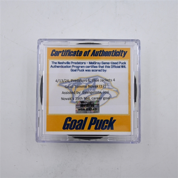 Tommy Novak - Nashville Predators - Goal Puck - April 13, 2024 vs. Columbus Blue Jackets (Predators 25th Anniversary Logo)