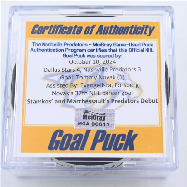 Tommy Novak - Nashville Predators - Goal Puck - October 10, 2024 vs. Dallas Stars (Predators Logo)