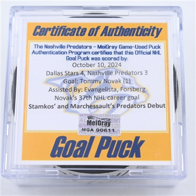 Tommy Novak - Nashville Predators - Goal Puck - October 10, 2024 vs. Dallas Stars (Predators Logo)