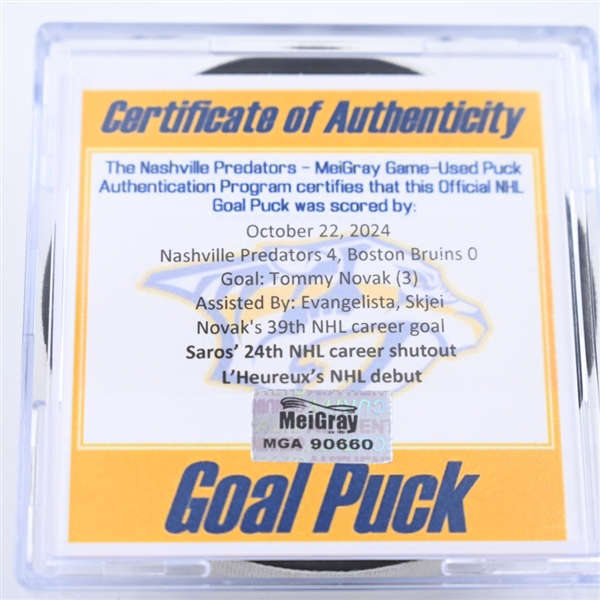 Tommy Novak - Nashville Predators - Goal Puck - October 22, 2024 vs. Boston Bruins (Predators Logo)