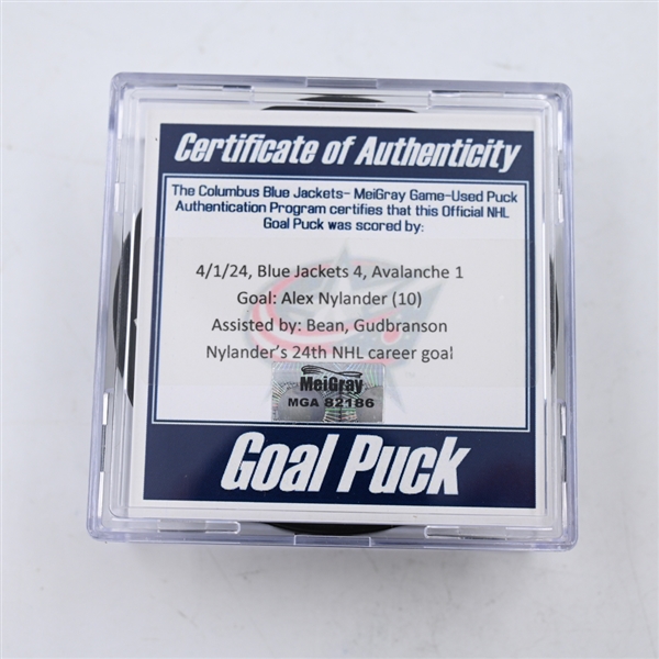 Alex Nylander - Columbus Blue Jackets - Goal Puck - April 1, 2024 vs. Colorado Avalanche (Blue Jackets Logo)